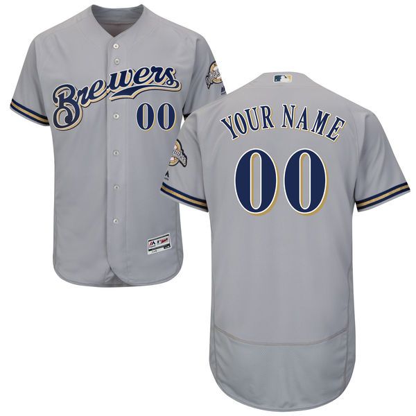 Men Milwaukee Brewers Majestic Road Gray Flex Base Authentic Collection Custom MLB Jersey